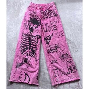 ROMWE Wide Leg Jeans Women Size 4 Pink Graphic Skeleton Goth‎ Raw Hem